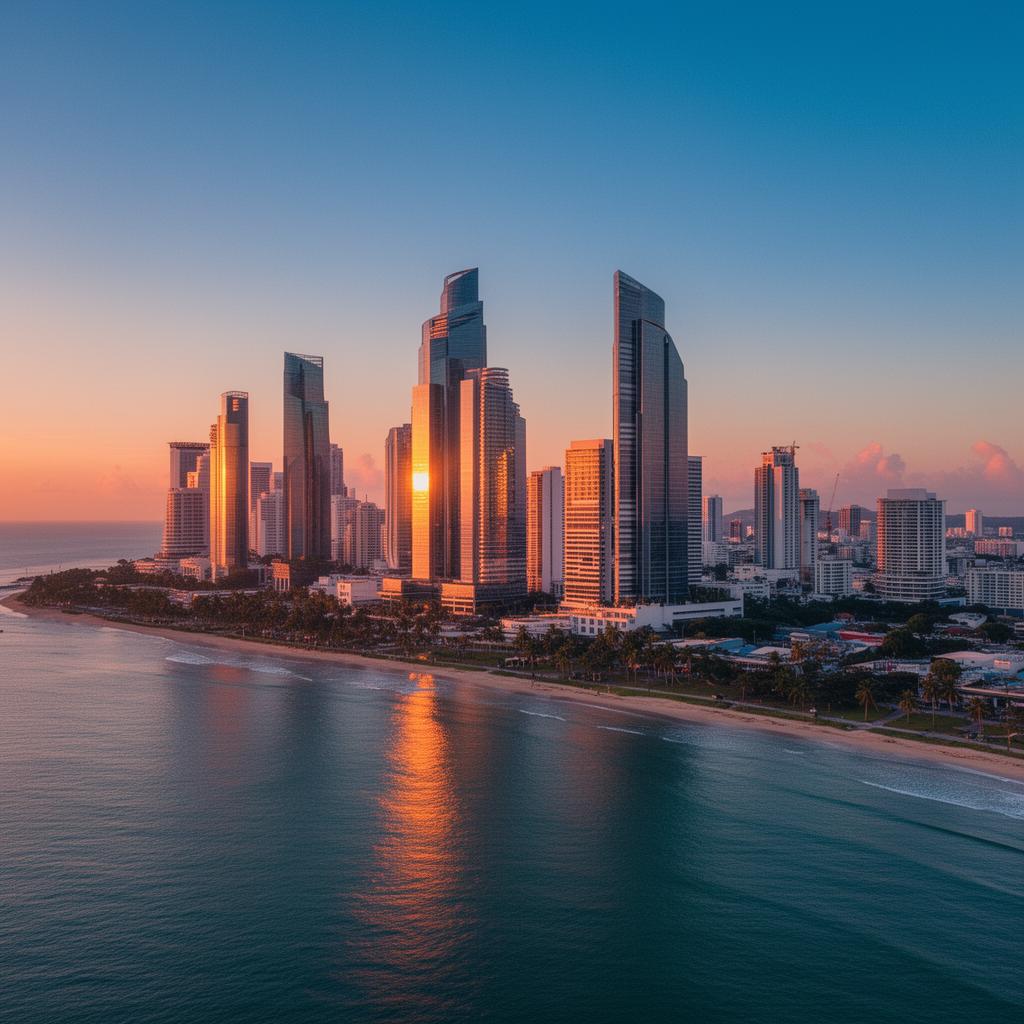 Panama City skyline at sunset over the Pacific Ocean