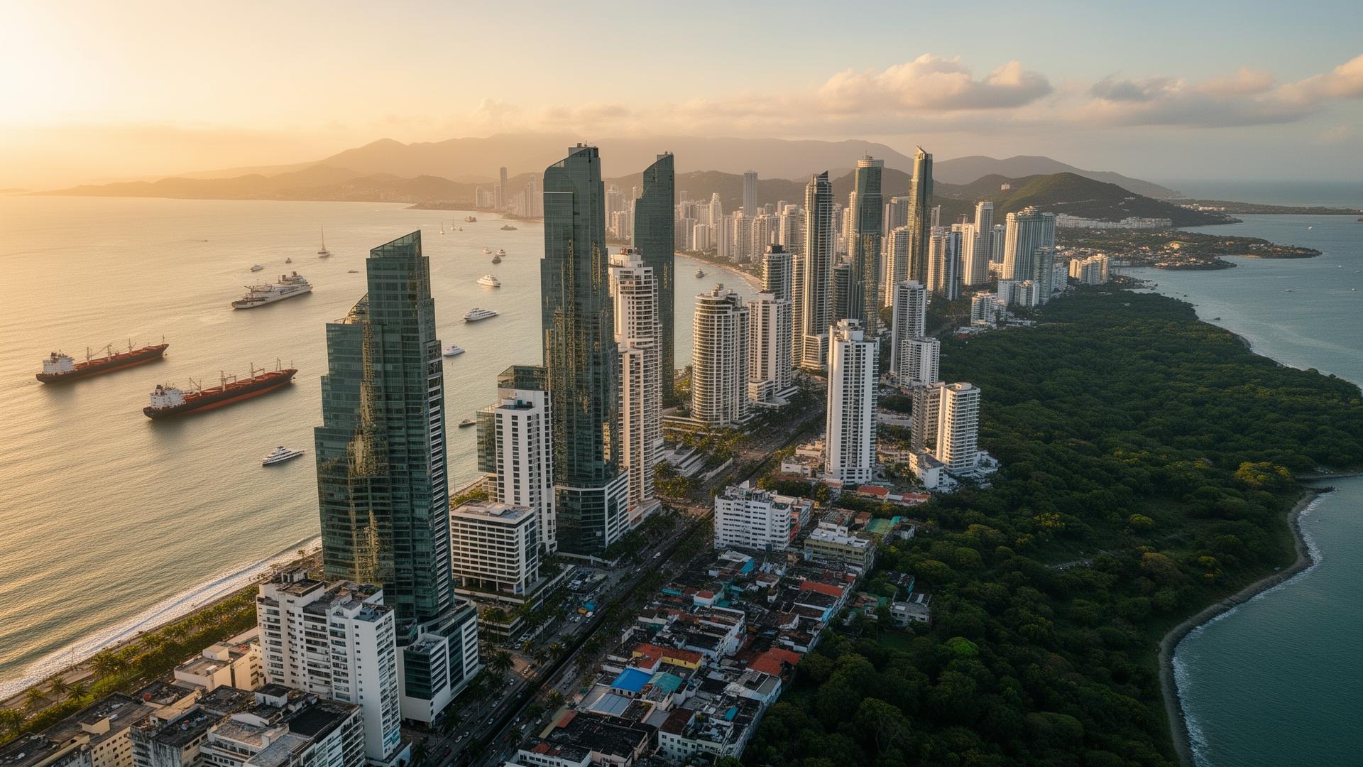 Aerial view of Panama City skyline with ocean frontage and maritime activity at golden hour