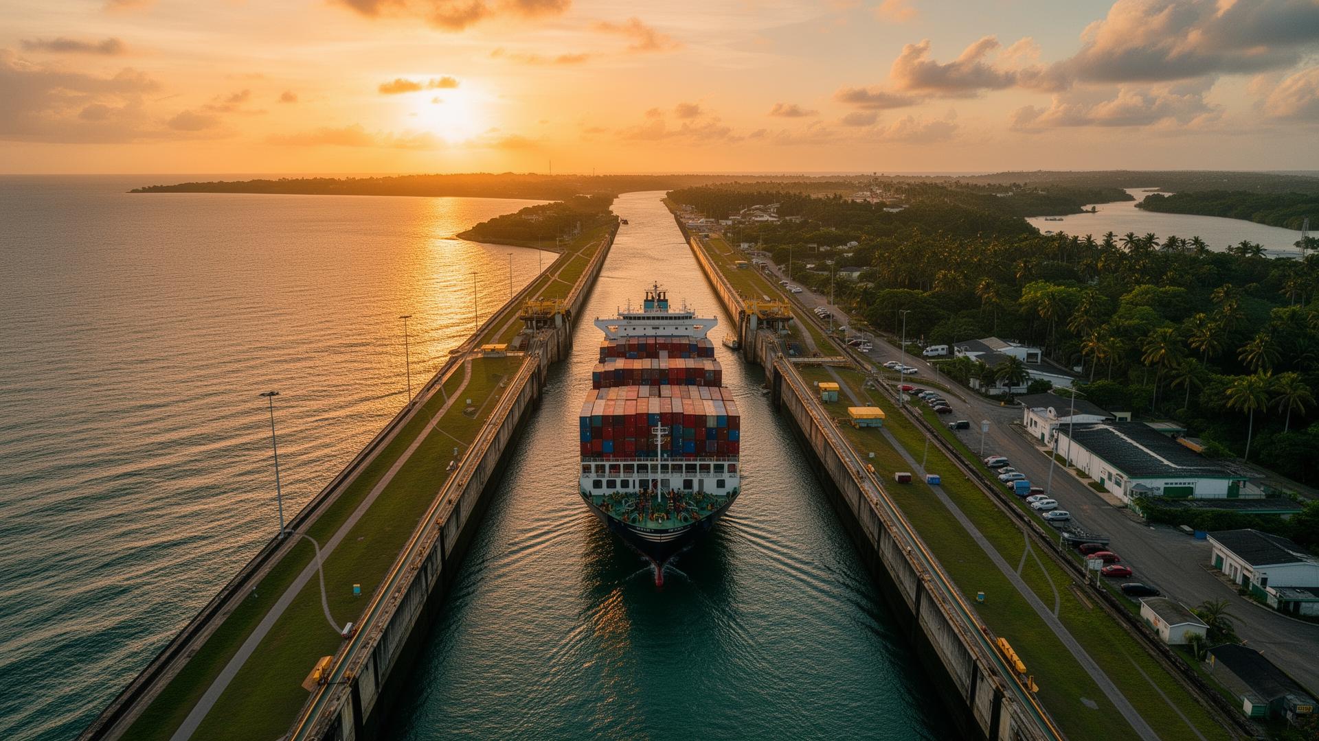 Aerial view of a cargo ship transiting the Panama Canal at sunset